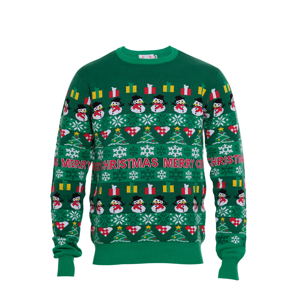 En grøn julesweater med julehjerter, juletræer og gaver på.